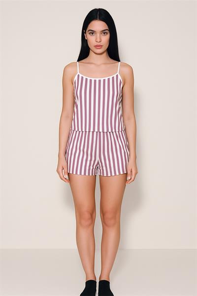 Kadın Dikey Çizgili İp Askılı Mini Şort Takım | Mor