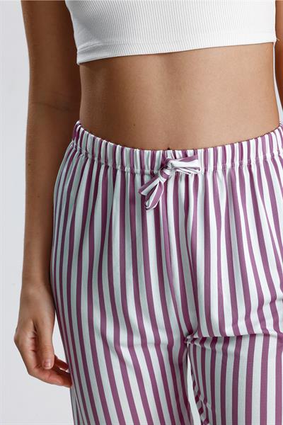 Kadın Dikey Çizgili Uzun Pijama Pantolon | Mor
