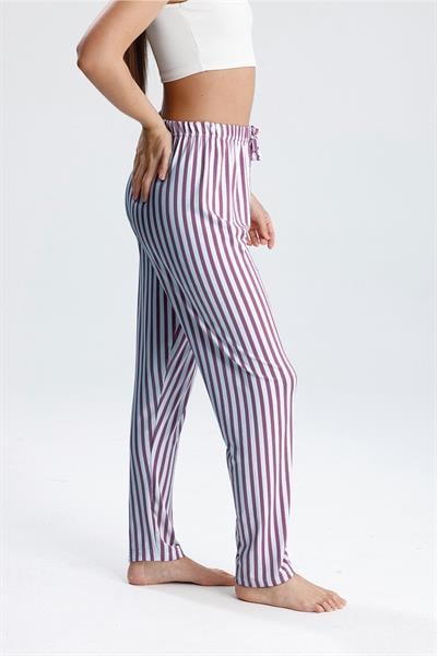 Kadın Dikey Çizgili Uzun Pijama Pantolon | Mor