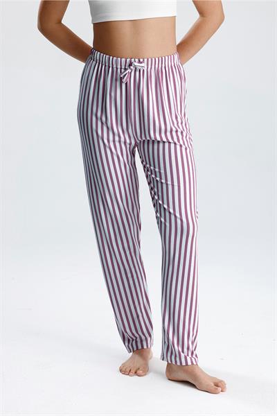 Kadın Dikey Çizgili Uzun Pijama Pantolon | Mor