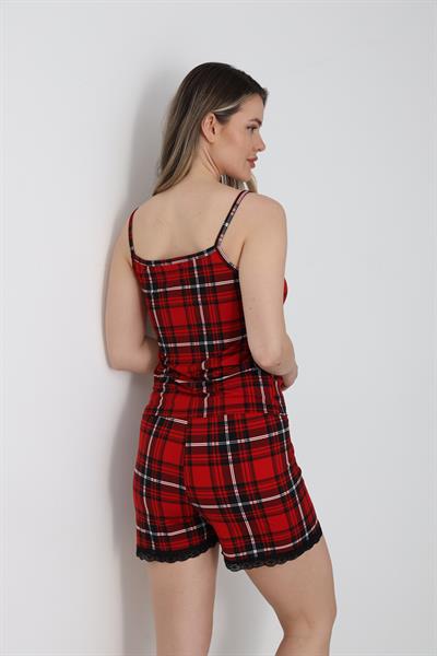 Kadın Ekose Desenli Dantel Detay İp Askılı Şort Takım | K.Beyaz 50115-328