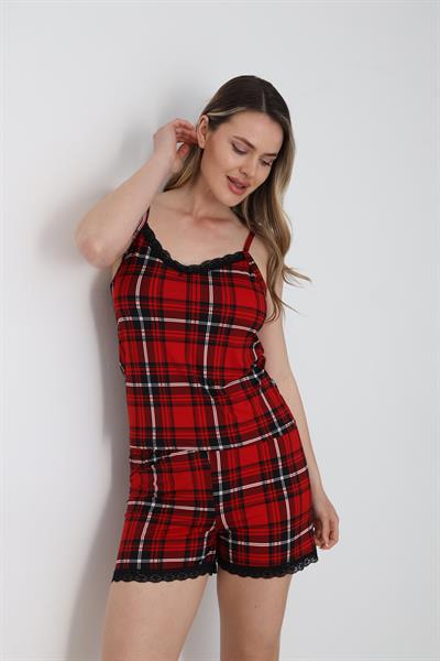 Kadın Ekose Desenli Dantel Detay İp Askılı Şort Takım | K.Beyaz 50115-328