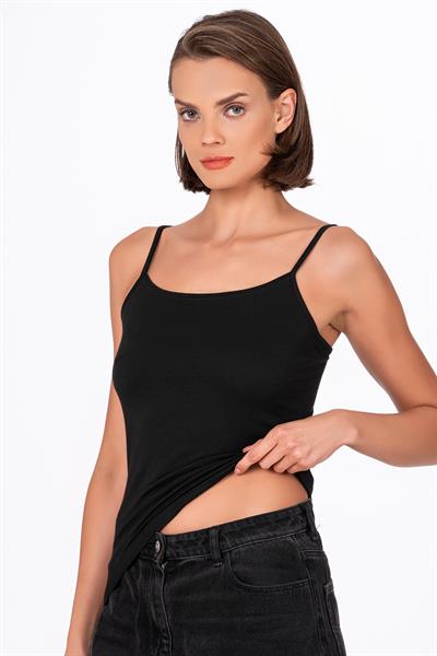 Kadın Esnek Rahat Biyeli İp Askılı Pamuklu Modal Atlet | Siyah K24264