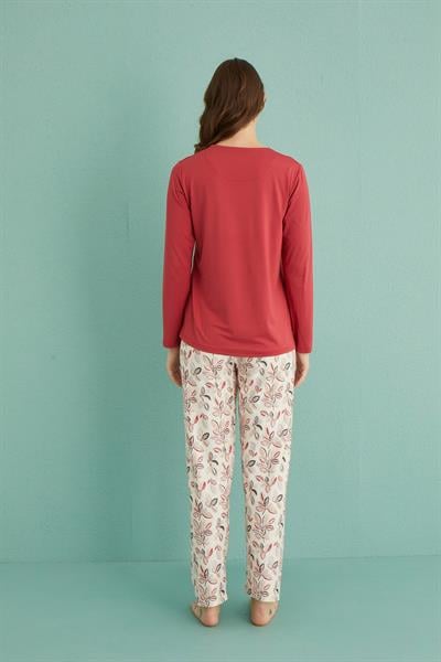 Kadın Genç Bisiklet Yaka Uzun Kollu Pijama Takımı | Bordo 30103-1