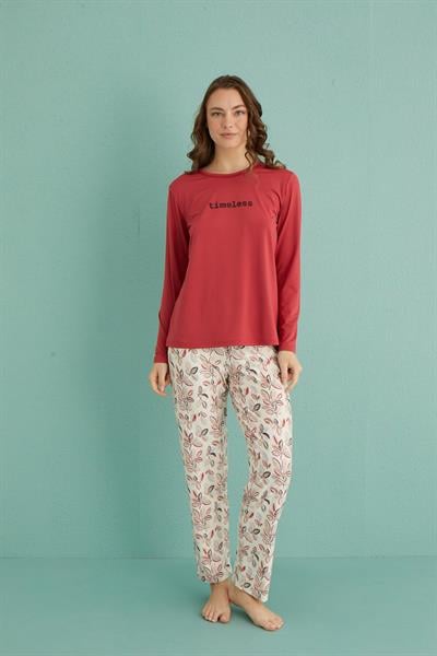 Kadın Genç Bisiklet Yaka Uzun Kollu Pijama Takımı | Bordo 30103-1