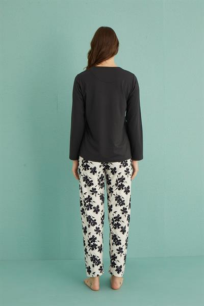 Kadın Genç Bisiklet Yaka Uzun Kollu Pijama Takımı | Siyah 30103-7