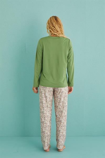 Kadın Genç Bisiklet Yaka Uzun Kollu Pijama Takımı | Yeşil 30103-9