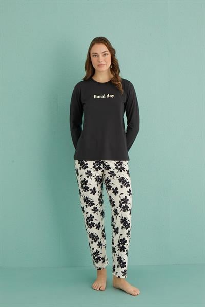 Kadın Genç Bisiklet Yaka Uzun Kollu Pijama Takımı | Siyah 30103-7