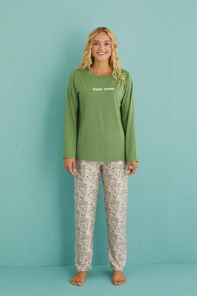 Kadın Genç Bisiklet Yaka Uzun Kollu Pijama Takımı | Yeşil 30103-9