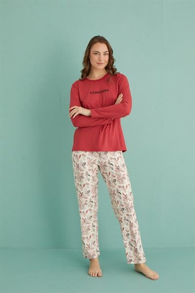 Kadın Genç Bisiklet Yaka Uzun Kollu Pijama Takımı | Bordo 30103-1
