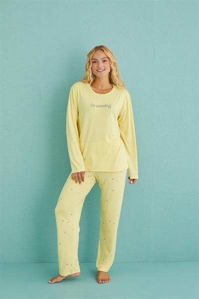 Kadın Genç Bisiklet Yaka Uzun Kollu Pijama Takımı | Sarı 50902-45