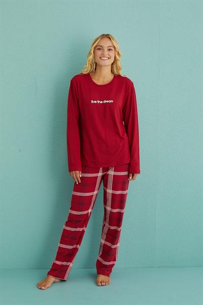 Kadın Genç Bisiklet Yaka Uzun Kollu Pijama Takımı | Kırmızı 50902-50