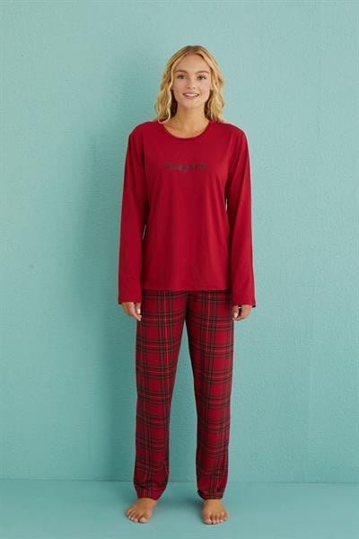 Kadın Genç Bisiklet Yaka Uzun Kollu Pijama Takımı | Kırmızı 50902-47