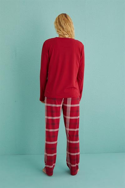 Kadın Genç Bisiklet Yaka Uzun Kollu Pijama Takımı | Kırmızı 50902-50