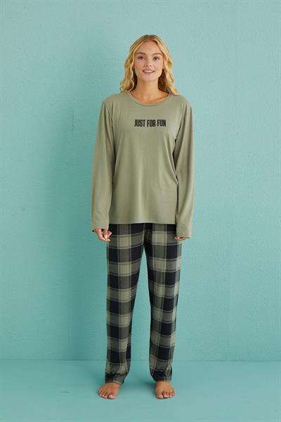 Kadın Genç Bisiklet Yaka Uzun Kollu Pijama Takımı | Haki 50902-48