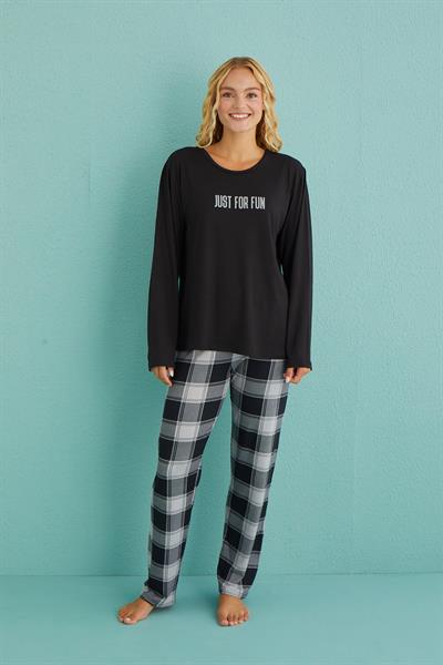 Kadın Genç Bisiklet Yaka Uzun Kollu Pijama Takımı | Siyah 50902-49