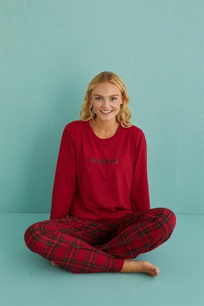 Kadın Genç Bisiklet Yaka Uzun Kollu Pijama Takımı | Kırmızı 50902-47