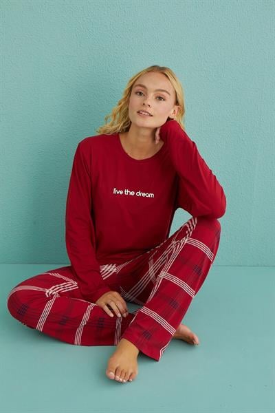 Kadın Genç Bisiklet Yaka Uzun Kollu Pijama Takımı | Kırmızı 50902-50