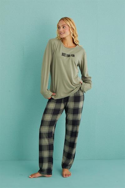 Kadın Genç Bisiklet Yaka Uzun Kollu Pijama Takımı | Haki 50902-48