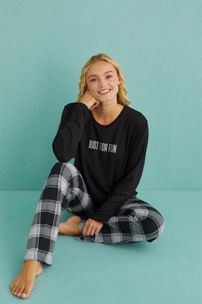 Kadın Genç Bisiklet Yaka Uzun Kollu Pijama Takımı | Siyah 50902-49