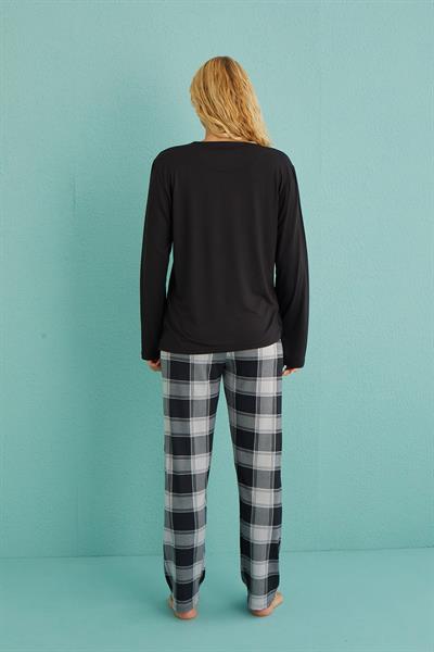 Kadın Genç Bisiklet Yaka Uzun Kollu Pijama Takımı | Siyah 50902-49