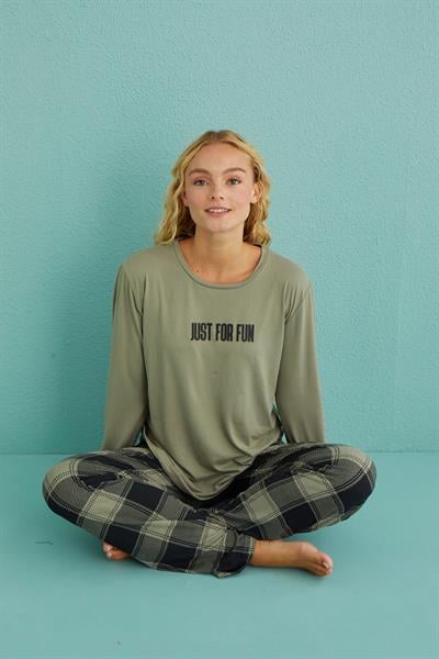 Kadın Genç Bisiklet Yaka Uzun Kollu Pijama Takımı | Haki 50902-48