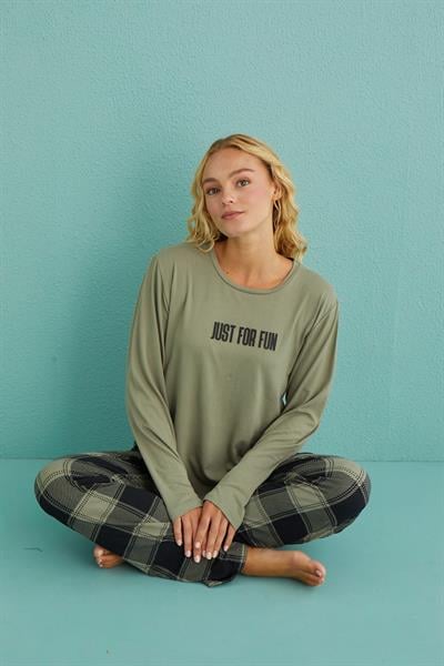 Kadın Genç Bisiklet Yaka Uzun Kollu Pijama Takımı | Haki 50902-48