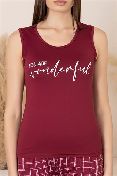 Kadın Yazı Detay Ekose Desenli Şort Takım | Bordo P601-505