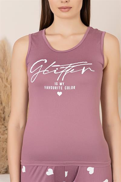 Kadın Yazı Detay Kalp Desenli Şortlu Takım | Gül Kurusu P601-501