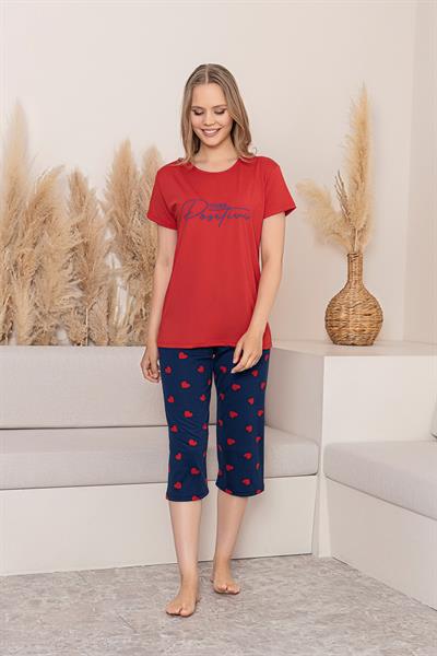 Kadın Yazı Detay Kalp Desenli Kapri Takım | Kırmızı P601-357