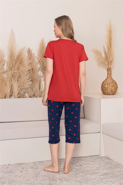 Kadın Yazı Detay Kalp Desenli Kapri Takım | Kırmızı P601-357