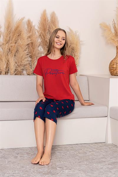 Kadın Yazı Detay Kalp Desenli Kapri Takım | Kırmızı P601-357