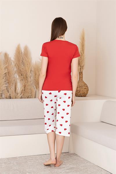 Kadın Yazı Detay Kalp Desenli Kapri Takım | Kırmızı P601-387
