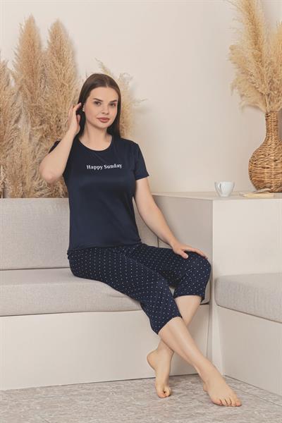 Kadın Yazı Detay Puantiye Desenli Kapri Takım | Lacivert P601-111