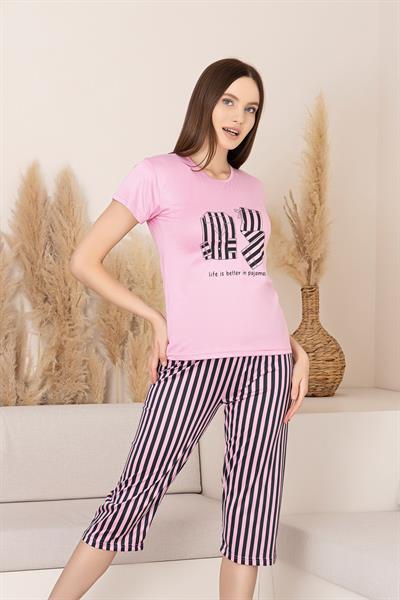 Kadın Yazı Detay Dikey Çizgili Kapri Takım | Pembe P601-389