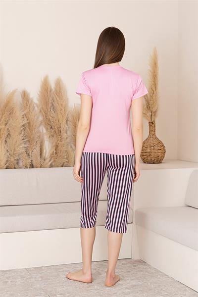 Kadın Yazı Detay Dikey Çizgili Kapri Takım | Pembe P601-389