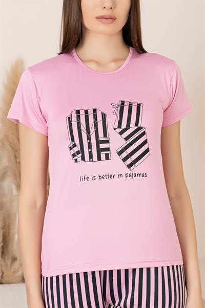 Kadın Yazı Detay Dikey Çizgili Kapri Takım | Pembe P601-389