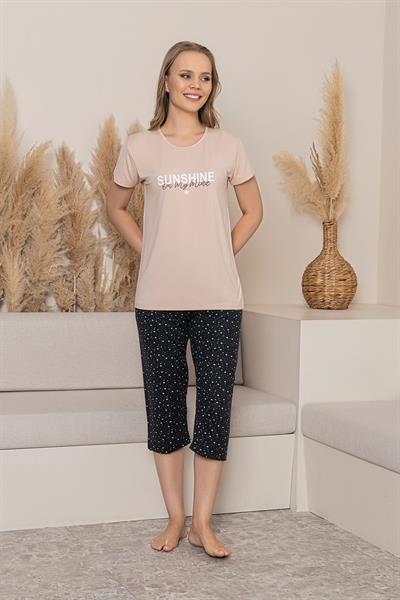 Kadın Yazı Detay Yıldız Desenli Kapri Takım | Pudra P601-360