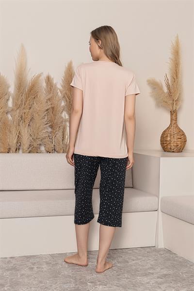 Kadın Yazı Detay Yıldız Desenli Kapri Takım | Pudra P601-360