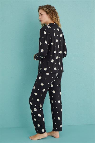 Kadın Genç Önden Düğmeli Uzun Kollu Pijama Takımı | Siyah 50701-81
