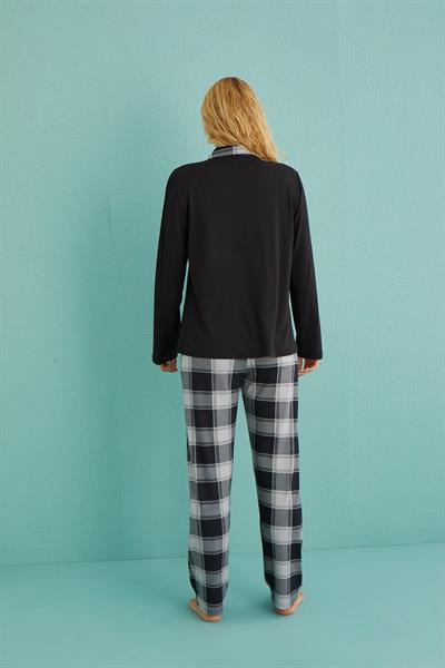 Kadın Genç Önden Düğmeli Uzun Kollu Pijama Takımı | Siyah 50901-35