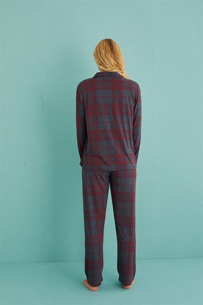 Kadın Genç Önden Düğmeli Uzun Kollu Pijama Takımı | Füme 50701-62