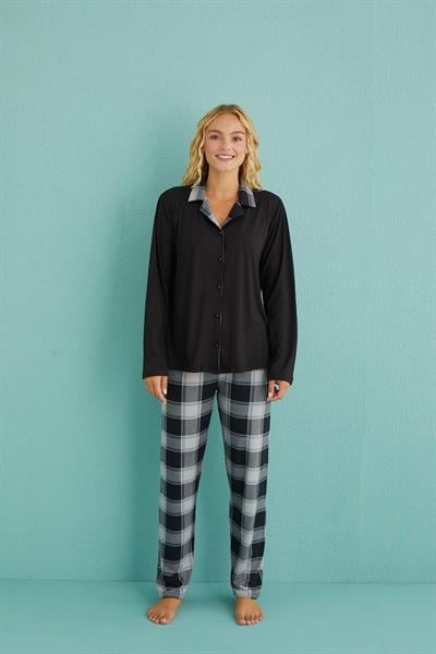 Kadın Genç Önden Düğmeli Uzun Kollu Pijama Takımı | Siyah 50901-35