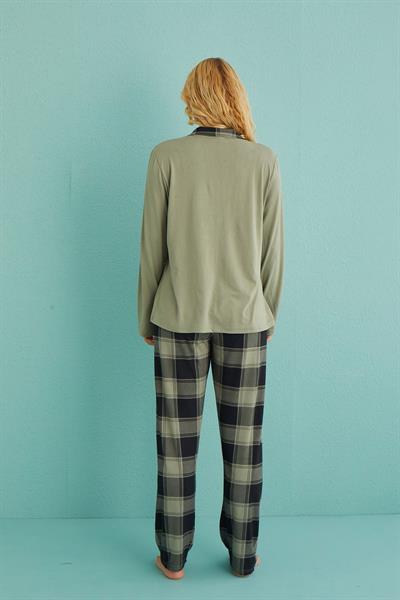 Kadın Genç Önden Düğmeli Uzun Kollu Pijama Takımı | Haki 50901-27