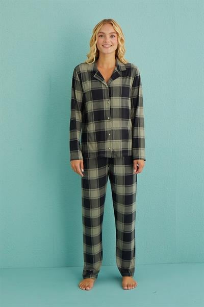 Kadın Genç Önden Düğmeli Uzun Kollu Pijama Takımı | Haki 50701-64