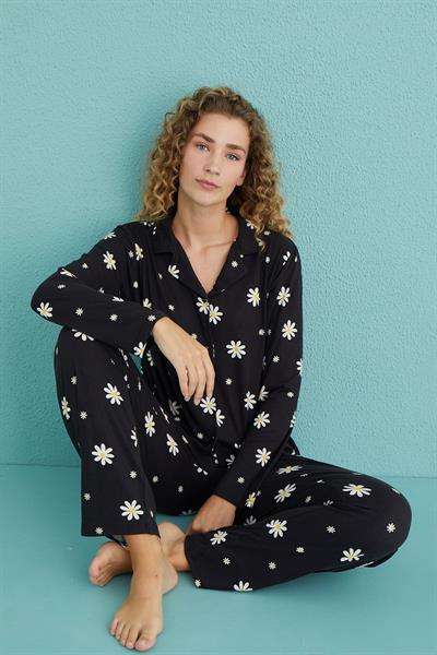 Kadın Genç Önden Düğmeli Uzun Kollu Pijama Takımı | Siyah 50701-81