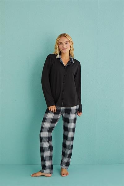 Kadın Genç Önden Düğmeli Uzun Kollu Pijama Takımı | Siyah 50901-35