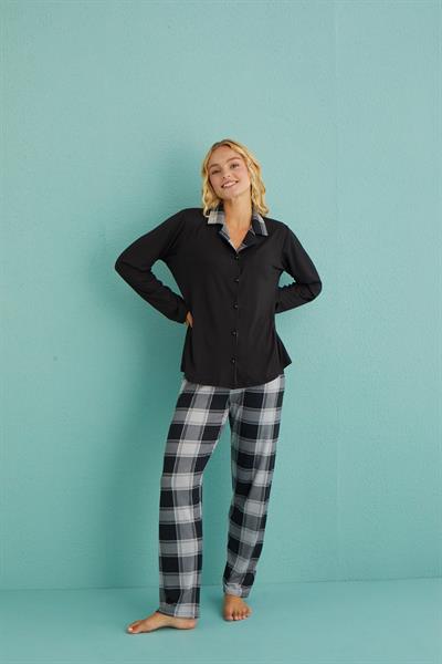 Kadın Genç Önden Düğmeli Uzun Kollu Pijama Takımı | Siyah 50901-35