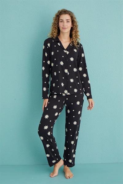 Kadın Genç Önden Düğmeli Uzun Kollu Pijama Takımı | Siyah 50701-81