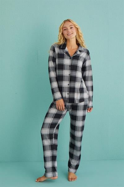 Kadın Genç Önden Düğmeli Uzun Kollu Pijama Takımı | Gri 50701-63